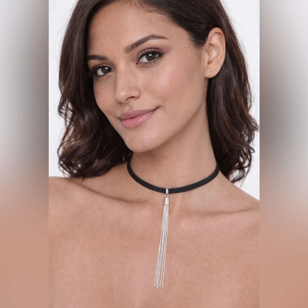 AE Silvertone 10" Long Black Choker Silver Tassel Bib Statement Necklace NEW